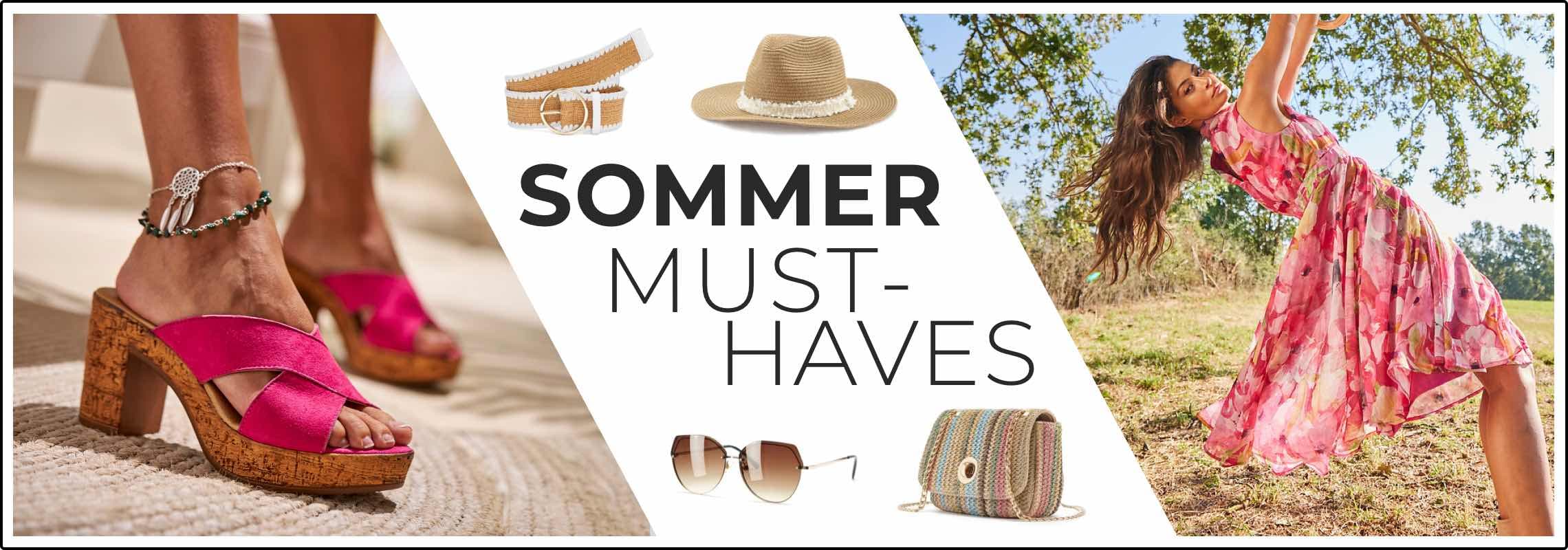 SOMMER MUST-HAVES – Frau im geblümten Kleid schwingt im Park, Accessoires und pinke Sandalen werden gezeigt