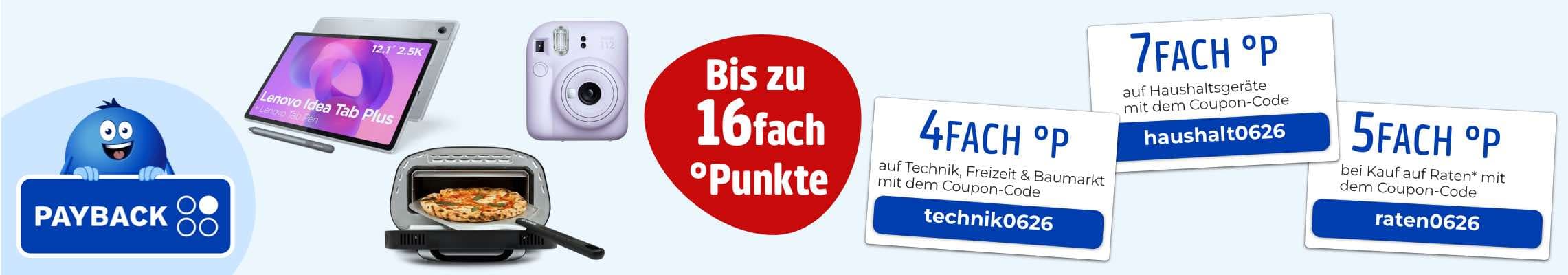 Bis zu 16fach PAYBACK Punkte – PAYBACK Figur, Tablet, Kamera, Mini-Ofen mit Pizza und drei Coupon-Karten