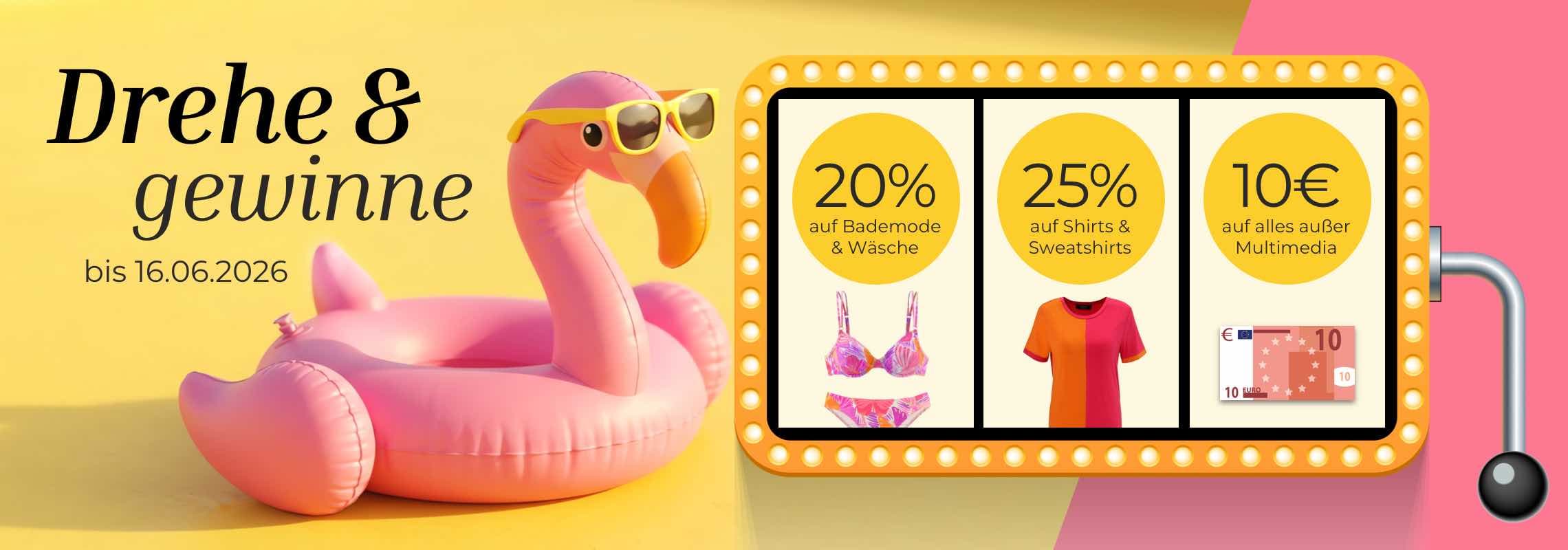 Drehe & gewinne bis 16.06.2026 – Rabattautomat mit 20 % auf Bademode, 25 % auf Shirts und 10 € Gutschein, daneben Flamingo-Schwimmring