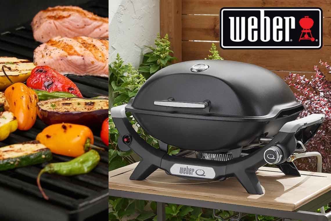Weber – kompakter Gasgrill auf Tisch, daneben auf Rost Lachsfilets und buntes Grillgemüse