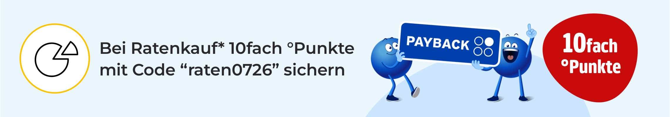 Bei Ratenkauf 10fach Punkte mit Code „raten0726“ sichern – zwei blaue Figuren halten PAYBACK-Schild neben roter 10fach-Punkte-Blase