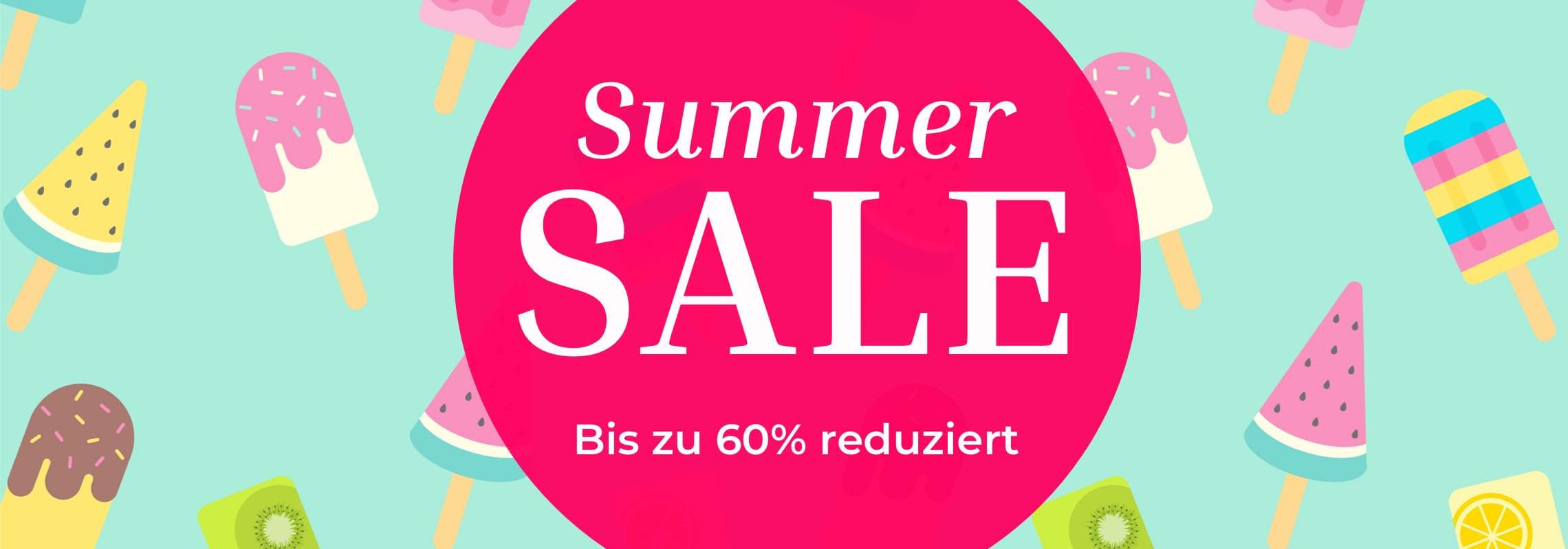 Summer Sale – Bis zu 60 % reduziert, bunter Hintergrund mit verschiedenen Eis am Stiel