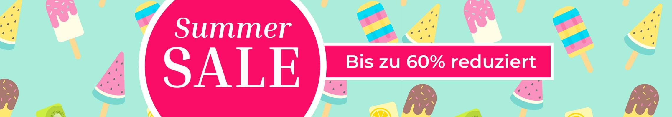 Summer Sale – Bis zu 60 % reduziert, bunter Hintergrund mit verschiedenen Eis am Stiel