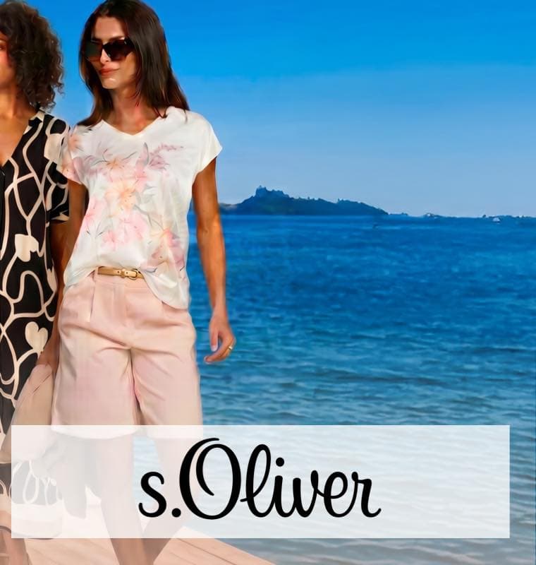 s.Oliver – zwei Frauen in sommerlicher Kleidung gehen am Strand mit Meer und Insel im Hintergrund