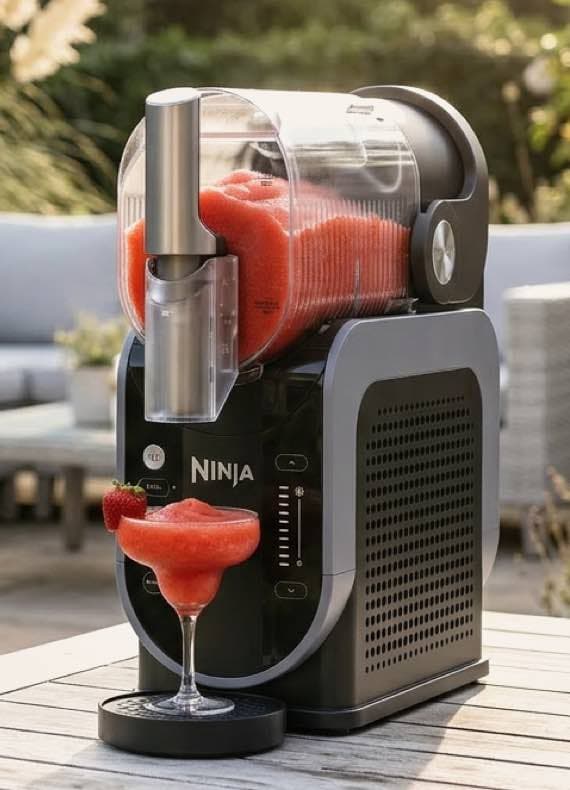 Ninja Eiscreme-Maschine auf Terrasse, gibt roten Erdbeer-Slush in Cocktailglas mit Erdbeergarnitur aus