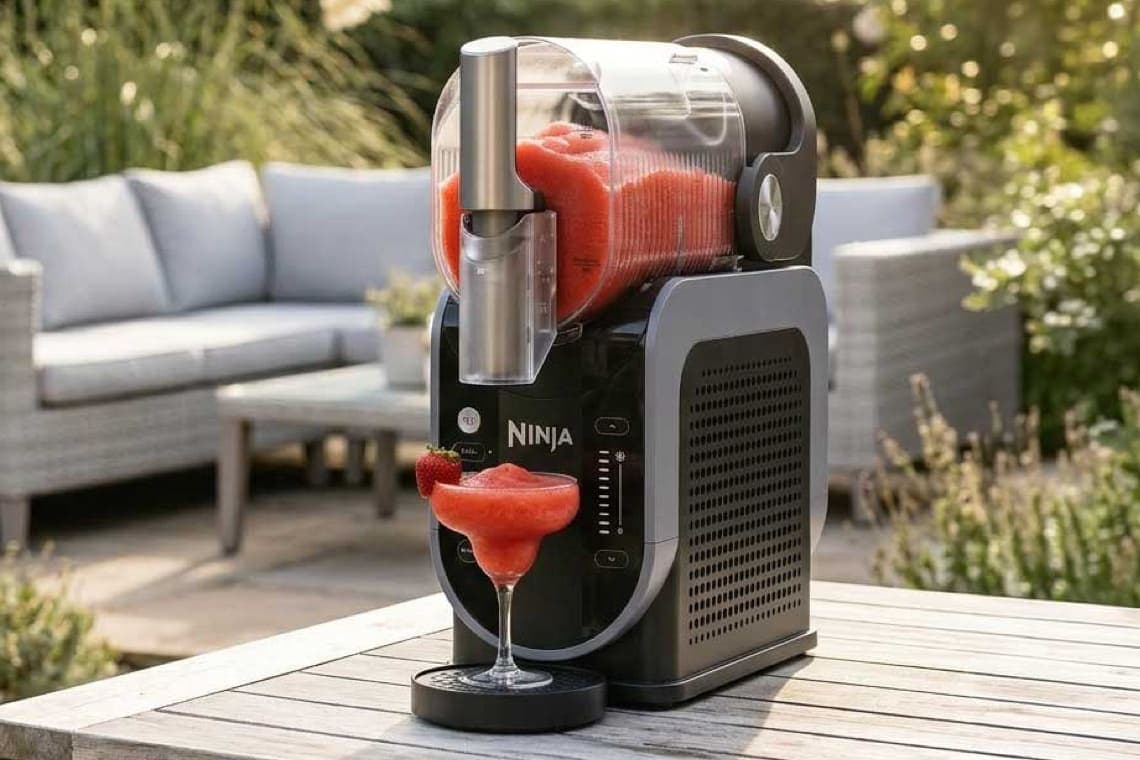 Ninja Slushmaker auf Terrasse füllt rotes Getränk in Cocktailglas mit Erdbeere am Rand