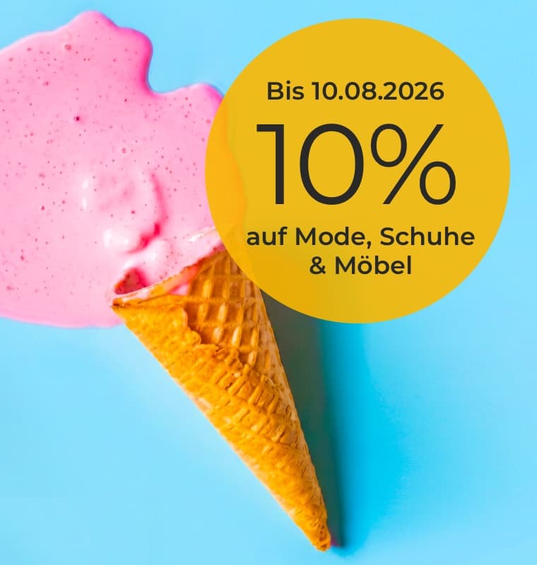 Bis 10.08.2026 10 % auf Mode, Schuhe & Möbel – umgekipptes Waffeleis mit rosa Eiscreme auf blauem Hintergrund