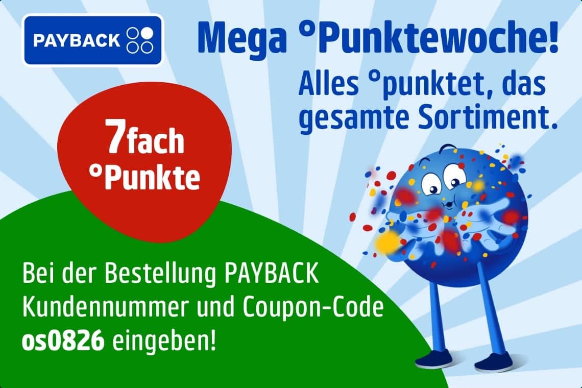 7fach Punkte mit PAYBACK – Mega Punktewoche, alles punktet – blaue Punktefigur streut bunte Punkte, Coupon-Code os0826