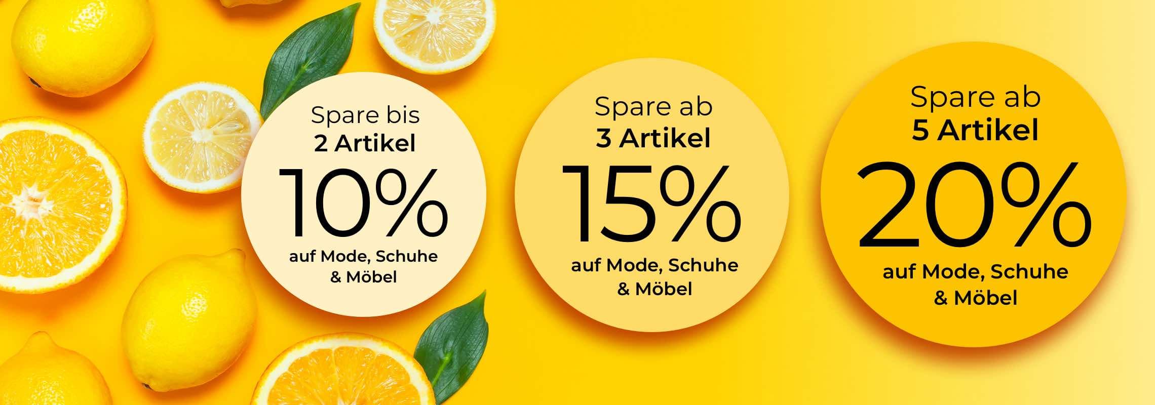 10 %, 15 %, 20 % Rabatt auf Mode, Schuhe und Möbel – drei gelbe Rabattkreise vor Hintergrund mit Zitronen und Orangen