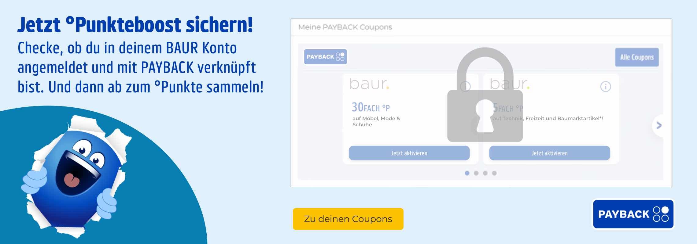 Jetzt °Punkteboost sichern – PAYBACK Figur reißt Banner auf, daneben gesperrte Coupons und Button „Zu deinen Coupons“