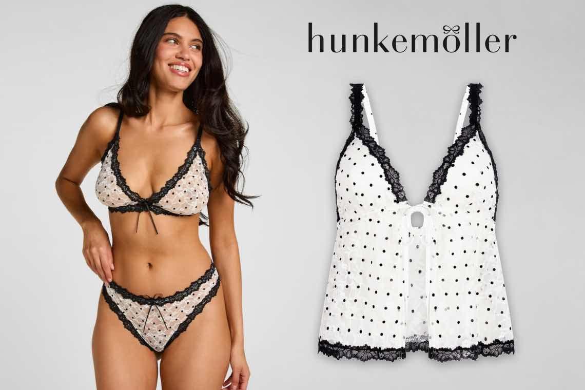 hunkemöller – Frau in gepunktetem Spitzen-BH und Slip, daneben passendes gepunktetes Babydoll-Oberteil