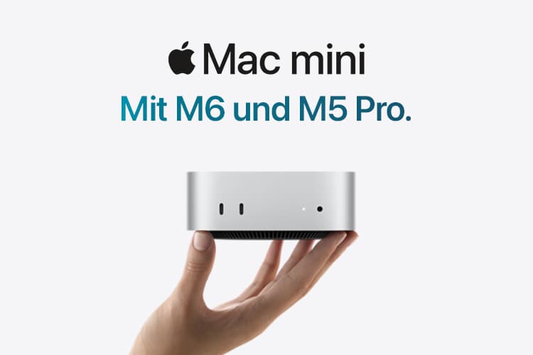 Apple Mac mini – Grafik mit Hand und Mac mini, darüber Schriftzug "Mit M6 und M5 Pro"