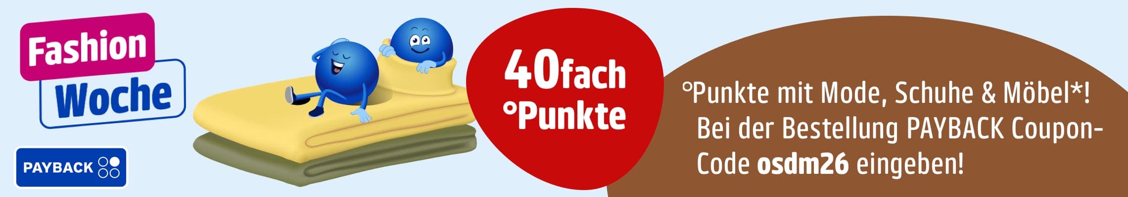 40fach Punkte mit Mode, Schuhe und Möbel – PAYBACK Fashion Woche Banner mit zwei blauen Figuren auf Decken