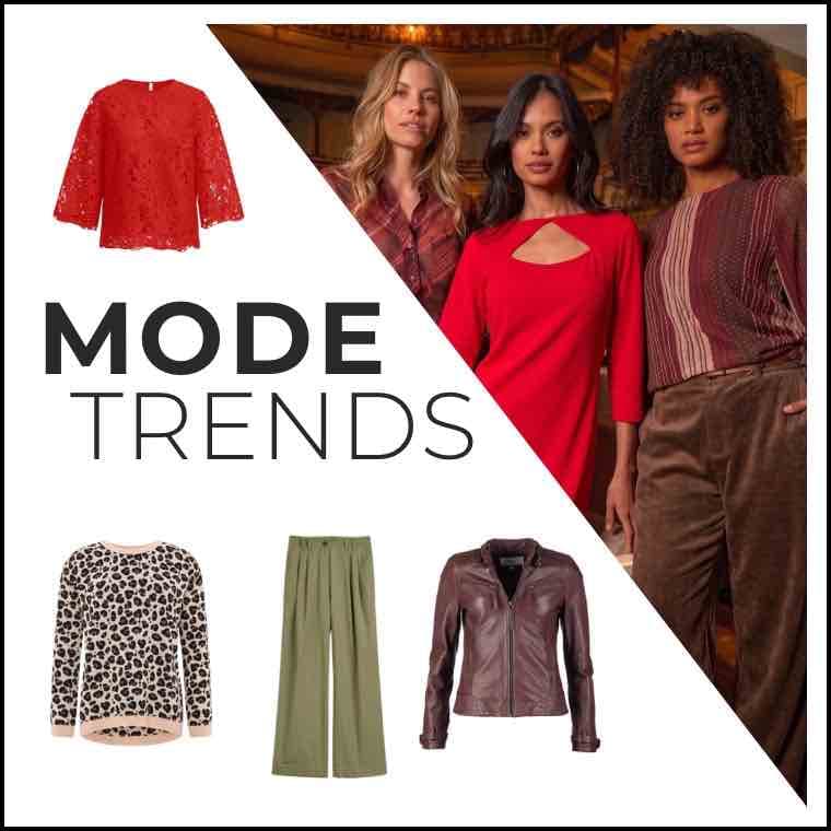 MODE TRENDS – drei Frauen in herbstlicher Mode, daneben rote Bluse, Leo-Pullover, grüne Hose und braune Lederjacke