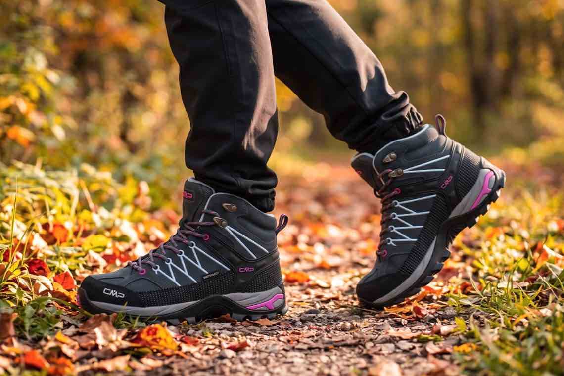 Person mit dunkler Wanderhose geht in grauen Trekkingstiefeln auf herbstlichem Waldweg mit buntem Laub
