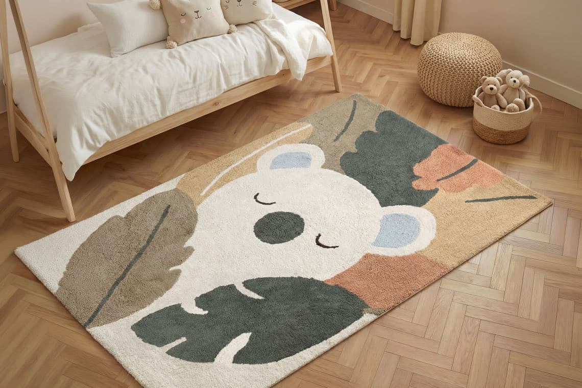 Kinderzimmer mit Bett und Teppich, der einen schlafenden Koala zwischen großen Blättern zeigt