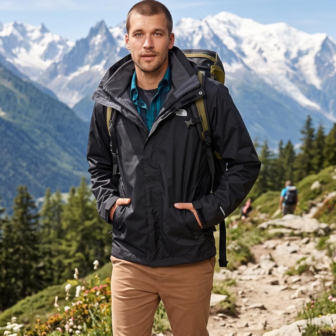 Mann mit Rucksack und schwarzer Outdoorjacke wandert auf Bergpfad, hohe schneebedeckte Gipfel im Hintergrund