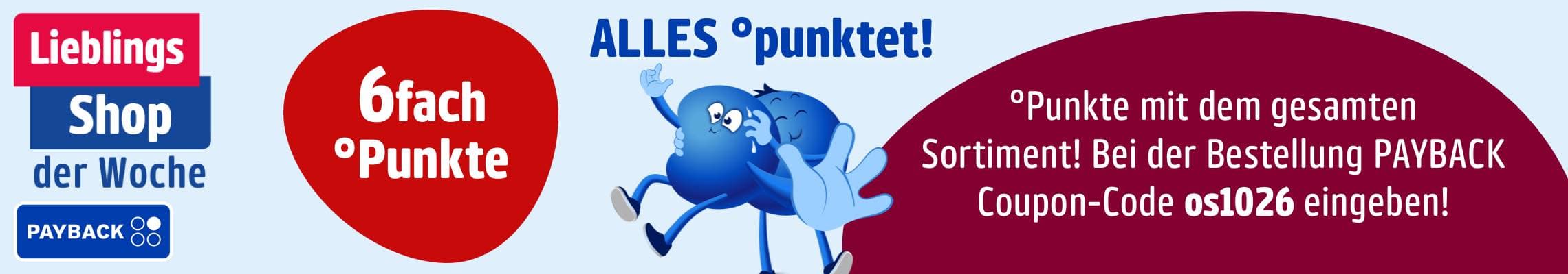 6fach Punkte auf das gesamte Sortiment – PAYBACK Werbung mit zwei blauen Punkten und Coupon-Code os1026