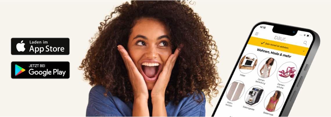 App für Wohnen, Mode und mehr, präsentiert auf einem Smartphone neben den Download-Optionen für App Store und Google Play.