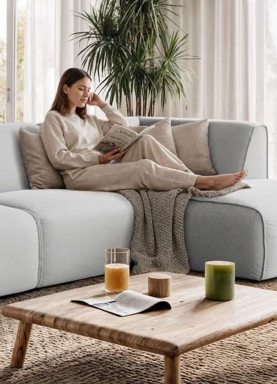 Frau liest Zeitung auf grauem Sofa, Holztisch mit Getränken und Kerzen im Vordergrund, Zimmerpflanze im Hintergrund